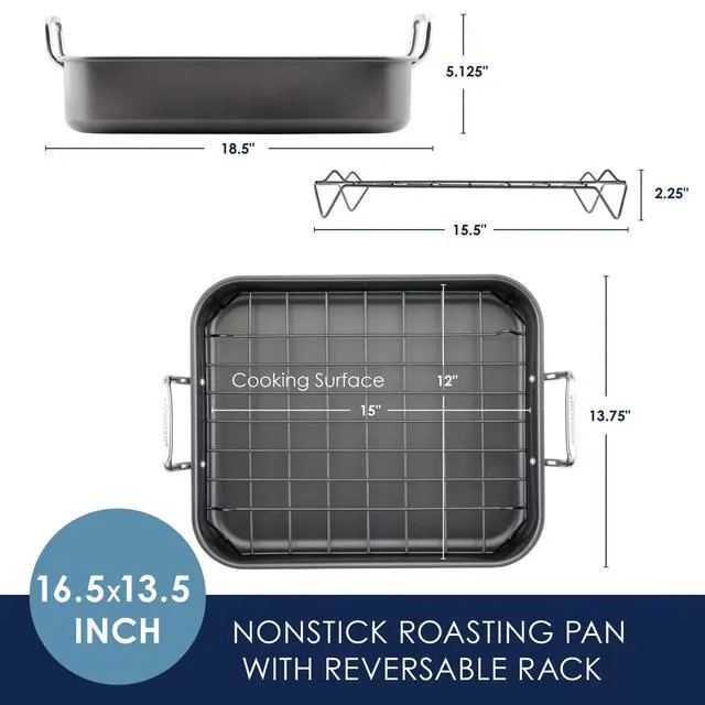 Alt view image 3 of 7 - Roasting Pan with Reversible Rack, Turkey Roasting Pan, Nonstick, 16.5-Inch x 13.5-Inch