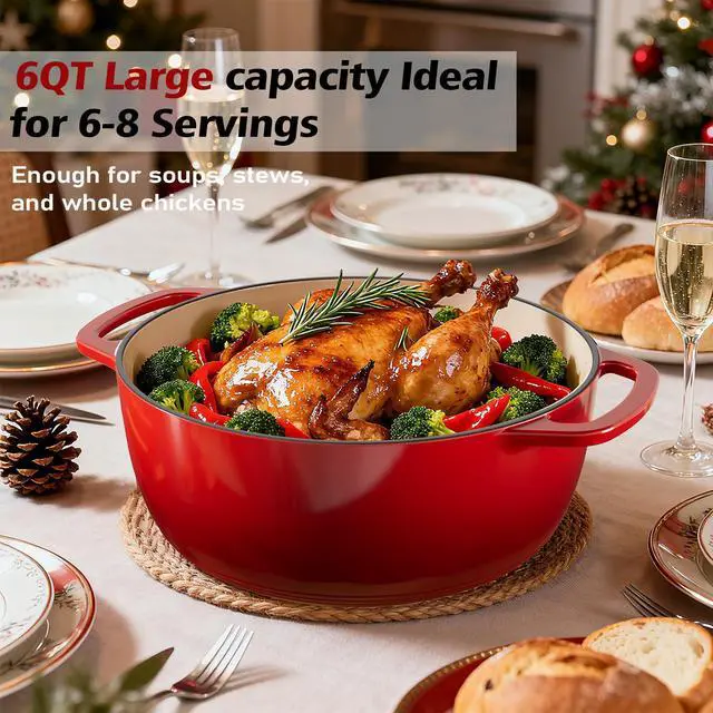 Alt view image 6 of 7 - 6QT Enameled Cast Iron Dutch Oven with Lid, Versatile Heavy-Duty Cookware Pot for Baking Bread, Braising, Soups & Stews, Oven & Stovetop Safe with Heat Resistant GlovesRed