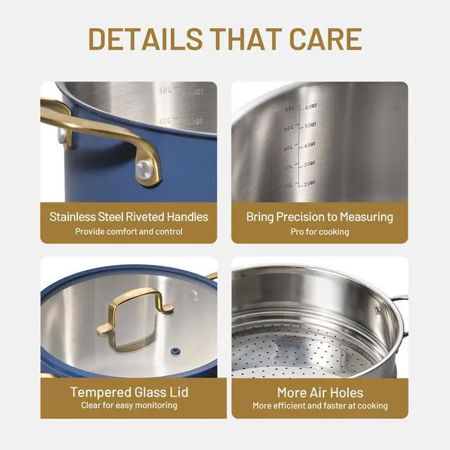 Alt view image 3 of 7 - 8QT Full Clad Tri Ply Stainless Steel Stock Pot with Lid, Kitchen Stockpot Soup Pot, Outer Ceramic Layer, Even Heating, All Stoves Compatible, Oven & Dishwasher Safe, Stay Cool Handle, Blue