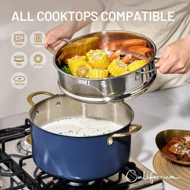 Alt view image 6 of 7 - 8QT Full Clad Tri Ply Stainless Steel Stock Pot with Lid, Kitchen Stockpot Soup Pot, Outer Ceramic Layer, Even Heating, All Stoves Compatible, Oven & Dishwasher Safe, Stay Cool Handle, Blue