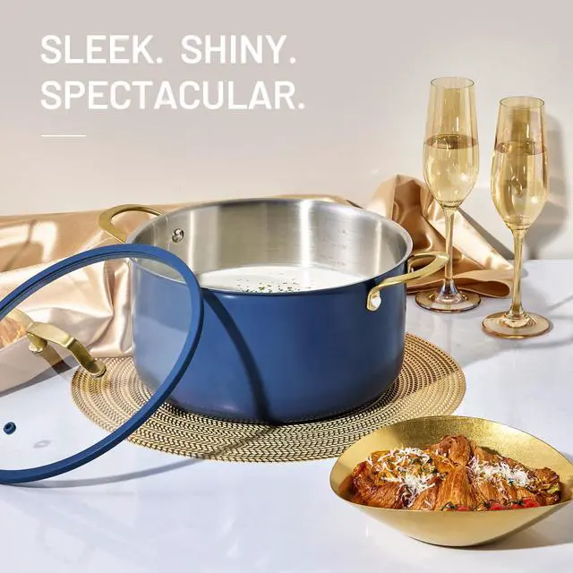 Alt view image 5 of 7 - 8QT Full Clad Tri Ply Stainless Steel Stock Pot with Lid, Kitchen Stockpot Soup Pot, Outer Ceramic Layer, Even Heating, All Stoves Compatible, Oven & Dishwasher Safe, Stay Cool Handle, Blue