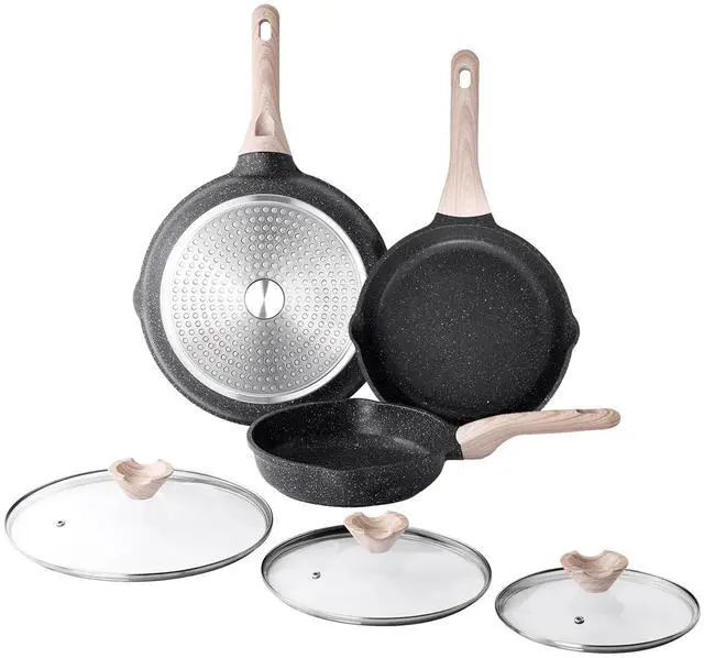 Main image of Nonstick Frying Pan Set with Lids, 3 Piece Skillet Set, Healthy Induction Cooking Pan, Stay-Cool Handle, Compatible with All Stovetops, PFOA Free (8, 9.5, 11 Inch)