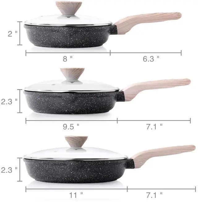 Alt view image 6 of 7 - Nonstick Frying Pan Set with Lids, 3 Piece Skillet Set, Healthy Induction Cooking Pan, Stay-Cool Handle, Compatible with All Stovetops, PFOA Free (8, 9.5, 11 Inch)