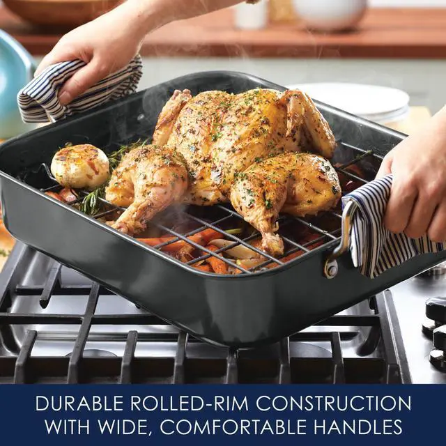 Alt view image 5 of 7 - Roasting Pan with Reversible Rack, Turkey Roasting Pan, Nonstick, 16.5-Inch x 13.5-Inch