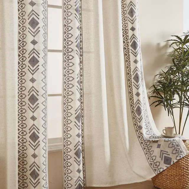 Main image of Grey Boho Curtains 2 Panels 84 Inches Long for Bedroom Country Farmhouse Linen Embroidered Drapes for Living Room Light Filtering Grommet Window Treatment 55x84 Inch, Grey on Beige