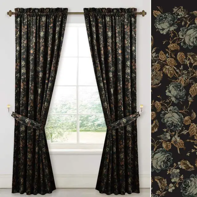 Main image of Black Velvet Curtains 84 inches Long - Printed Floral Design Home Decoration Luxury Thermal Insulated Blackout Window Treatment Set for Living Room, 52x84-inch, 2 Panels