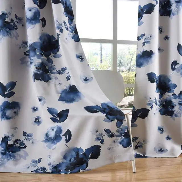 Alt view image 2 of 7 - 84 Inch Grommet Room Darkening Window Curtain Drapes, Chinese Traditional Ink Painting Stylized Leaves and Flower,Artwork,Deep Blue Print Curtains for Living Room Bedroom and Nursery