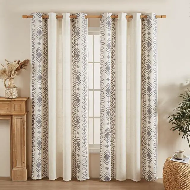 Alt view image 2 of 7 - Grey Boho Curtains 2 Panels 84 Inches Long for Bedroom Country Farmhouse Linen Embroidered Drapes for Living Room Light Filtering Grommet Window Treatment 55x84 Inch, Grey on Beige