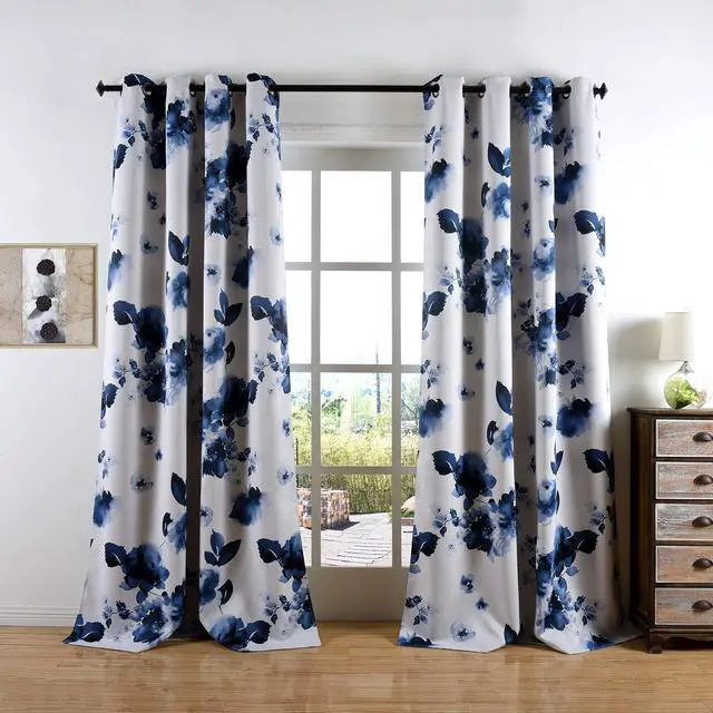Main image of 84 Inch Grommet Room Darkening Window Curtain Drapes, Chinese Traditional Ink Painting Stylized Leaves and Flower,Artwork,Deep Blue Print Curtains for Living Room Bedroom and Nursery