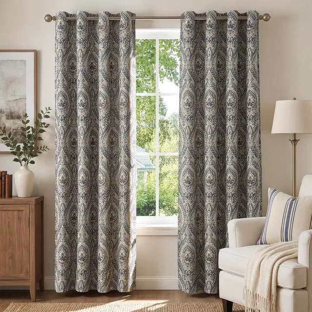 Main image of Linen Textured Curtains for Living Room Darkening 90 Inch Length, Medallion Drapes for Bedroom, Damask Pattern Window Treatments Vintage Curtain Panels, 2 Panels Blue on Greige