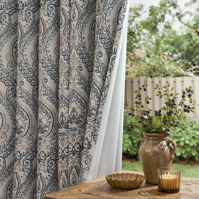 Alt view image 2 of 7 - Linen Textured Curtains for Living Room Darkening 90 Inch Length, Medallion Drapes for Bedroom, Damask Pattern Window Treatments Vintage Curtain Panels, 2 Panels Blue on Greige