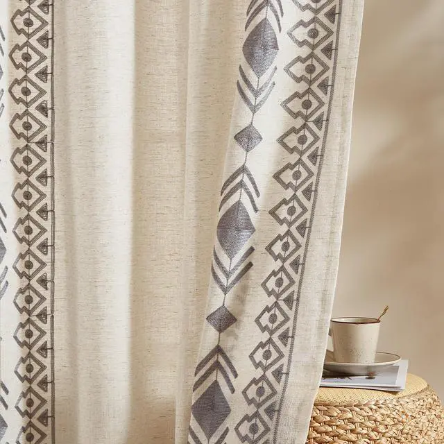 Alt view image 4 of 7 - Grey Boho Curtains 2 Panels 84 Inches Long for Bedroom Country Farmhouse Linen Embroidered Drapes for Living Room Light Filtering Grommet Window Treatment 55x84 Inch, Grey on Beige