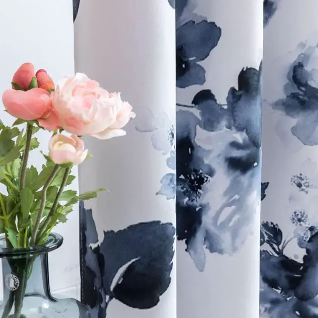 Alt view image 3 of 7 - 84 Inch Grommet Room Darkening Window Curtain Drapes, Chinese Traditional Ink Painting Stylized Leaves and Flower,Artwork,Deep Blue Print Curtains for Living Room Bedroom and Nursery