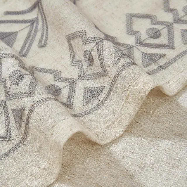 Alt view image 6 of 7 - Grey Boho Curtains 2 Panels 84 Inches Long for Bedroom Country Farmhouse Linen Embroidered Drapes for Living Room Light Filtering Grommet Window Treatment 55x84 Inch, Grey on Beige