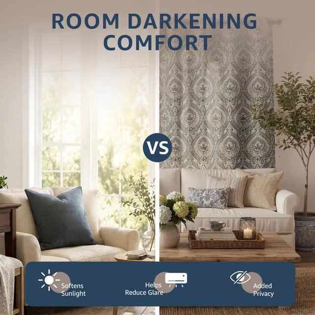 Alt view image 3 of 7 - Linen Textured Curtains for Living Room Darkening 90 Inch Length, Medallion Drapes for Bedroom, Damask Pattern Window Treatments Vintage Curtain Panels, 2 Panels Blue on Greige