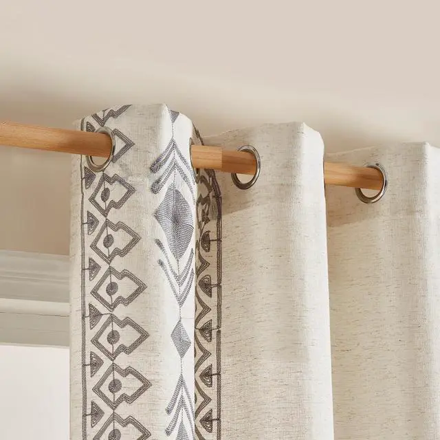 Alt view image 7 of 7 - Grey Boho Curtains 2 Panels 84 Inches Long for Bedroom Country Farmhouse Linen Embroidered Drapes for Living Room Light Filtering Grommet Window Treatment 55x84 Inch, Grey on Beige