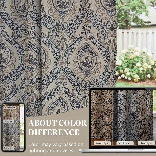 Alt view image 5 of 7 - Linen Textured Curtains for Living Room Darkening 90 Inch Length, Medallion Drapes for Bedroom, Damask Pattern Window Treatments Vintage Curtain Panels, 2 Panels Blue on Greige