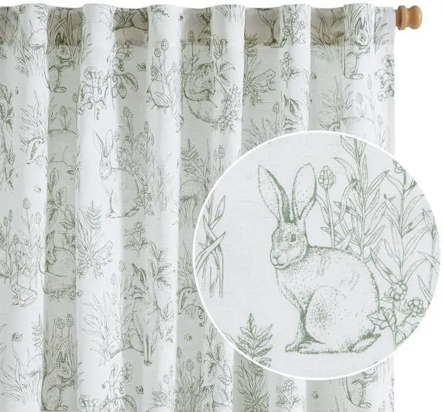 Main image of Linen Nursery Curtains 84 inch Long Woodland Wildlife Sage Green Print Drapes for Kid's Room Light Filtering French Country Farmhouse Curtains with Bunny and Forest Design Set of 2 Panels