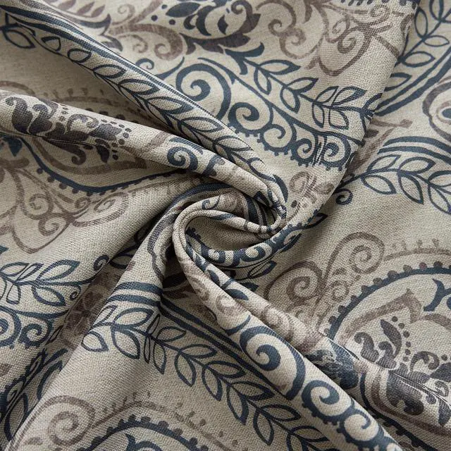 Alt view image 4 of 7 - Linen Textured Curtains for Living Room Darkening 90 Inch Length, Medallion Drapes for Bedroom, Damask Pattern Window Treatments Vintage Curtain Panels, 2 Panels Blue on Greige