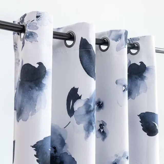 Alt view image 4 of 7 - 84 Inch Grommet Room Darkening Window Curtain Drapes, Chinese Traditional Ink Painting Stylized Leaves and Flower,Artwork,Deep Blue Print Curtains for Living Room Bedroom and Nursery