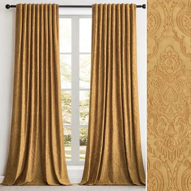 Main image of Brown Gold Velvet Curtains 84 Inch for Living Room,2 Panels Luxury Vintage Drapes Floral Embossed Blackout Window Curtain Back Tab Thermal for Bedroom