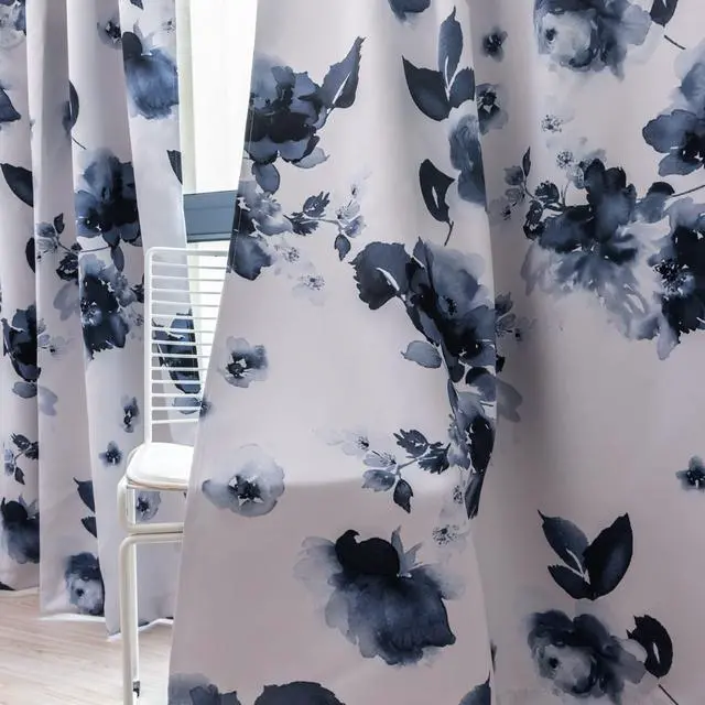 Alt view image 5 of 7 - 84 Inch Grommet Room Darkening Window Curtain Drapes, Chinese Traditional Ink Painting Stylized Leaves and Flower,Artwork,Deep Blue Print Curtains for Living Room Bedroom and Nursery