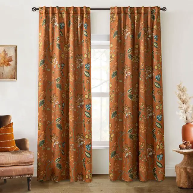 Alt view image 2 of 7 - Burnt Orange Boho Curtains Blackout 84 Inch Long, Terracotta Floral Patterned Bohemian Curtain, Retro Vintage Drapes for Living Room Bedroom 2 Panels