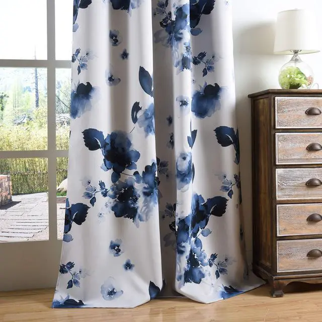 Alt view image 7 of 7 - 84 Inch Grommet Room Darkening Window Curtain Drapes, Chinese Traditional Ink Painting Stylized Leaves and Flower,Artwork,Deep Blue Print Curtains for Living Room Bedroom and Nursery