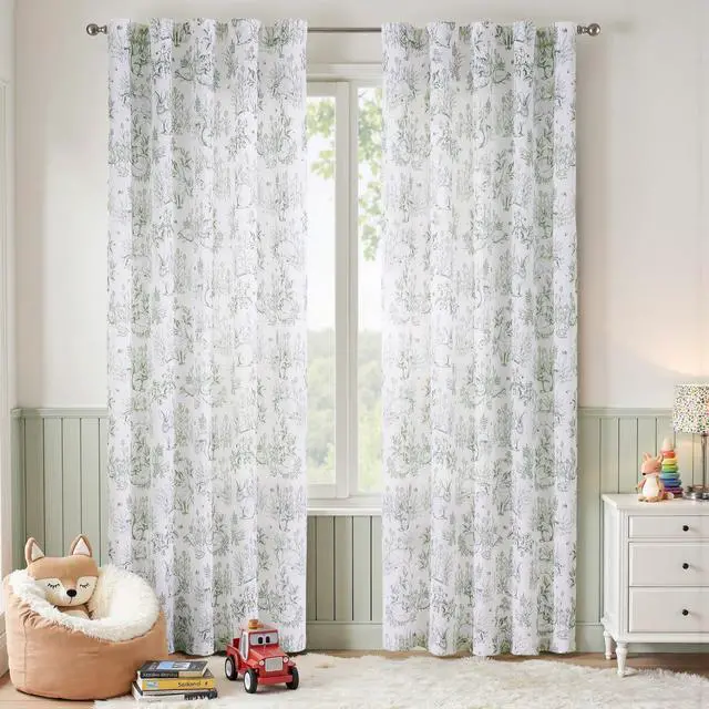Alt view image 2 of 7 - Linen Nursery Curtains 84 inch Long Woodland Wildlife Sage Green Print Drapes for Kid's Room Light Filtering French Country Farmhouse Curtains with Bunny and Forest Design Set of 2 Panels