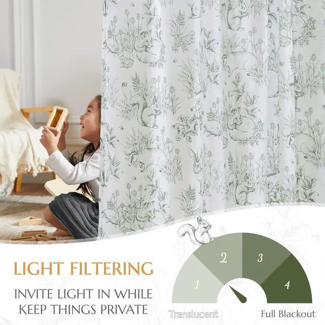 Alt view image 6 of 7 - Linen Nursery Curtains 84 inch Long Woodland Wildlife Sage Green Print Drapes for Kid's Room Light Filtering French Country Farmhouse Curtains with Bunny and Forest Design Set of 2 Panels