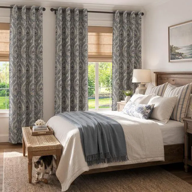 Alt view image 7 of 7 - Linen Textured Curtains for Living Room Darkening 90 Inch Length, Medallion Drapes for Bedroom, Damask Pattern Window Treatments Vintage Curtain Panels, 2 Panels Blue on Greige