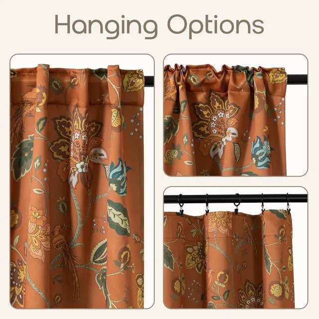 Alt view image 6 of 7 - Burnt Orange Boho Curtains Blackout 84 Inch Long, Terracotta Floral Patterned Bohemian Curtain, Retro Vintage Drapes for Living Room Bedroom 2 Panels