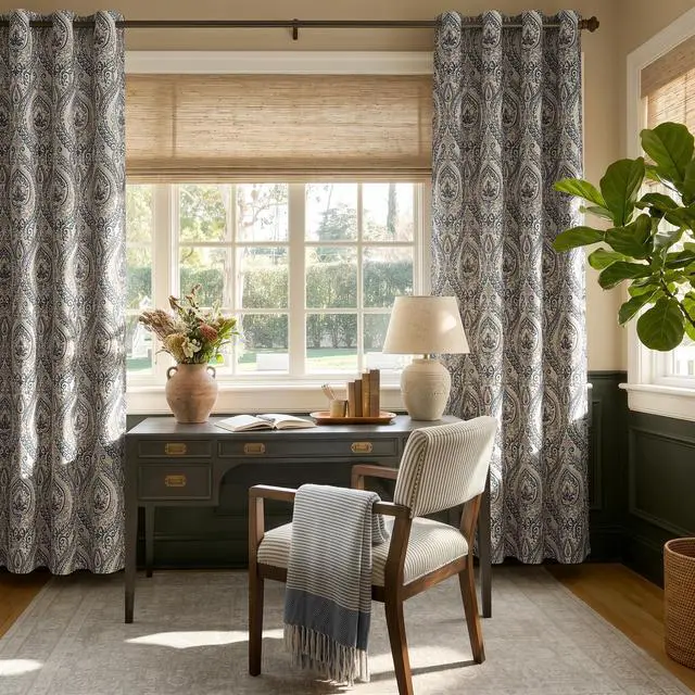 Alt view image 6 of 7 - Linen Textured Curtains for Living Room Darkening 90 Inch Length, Medallion Drapes for Bedroom, Damask Pattern Window Treatments Vintage Curtain Panels, 2 Panels Blue on Greige