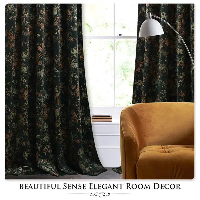 Alt view image 7 of 7 - Black Velvet Curtains 84 inches Long - Printed Floral Design Home Decoration Luxury Thermal Insulated Blackout Window Treatment Set for Living Room, 52x84-inch, 2 Panels