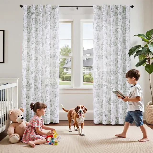 Alt view image 4 of 7 - Linen Nursery Curtains 84 inch Long Woodland Wildlife Sage Green Print Drapes for Kid's Room Light Filtering French Country Farmhouse Curtains with Bunny and Forest Design Set of 2 Panels