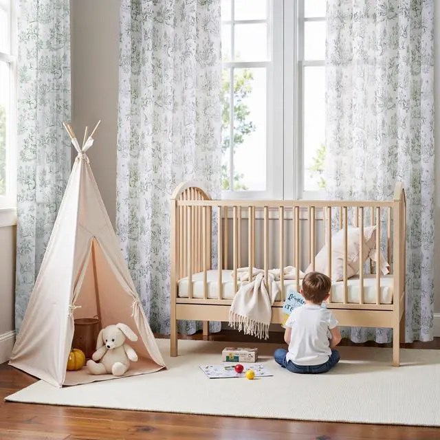 Alt view image 5 of 7 - Linen Nursery Curtains 84 inch Long Woodland Wildlife Sage Green Print Drapes for Kid's Room Light Filtering French Country Farmhouse Curtains with Bunny and Forest Design Set of 2 Panels