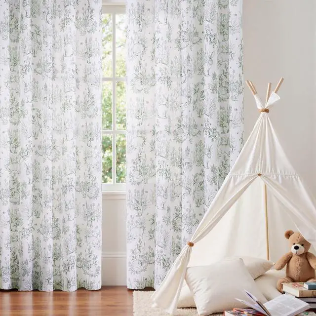 Alt view image 3 of 7 - Linen Nursery Curtains 84 inch Long Woodland Wildlife Sage Green Print Drapes for Kid's Room Light Filtering French Country Farmhouse Curtains with Bunny and Forest Design Set of 2 Panels