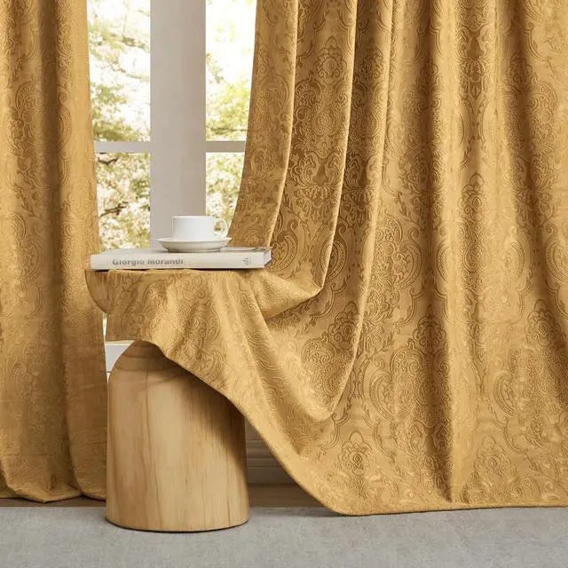 Alt view image 5 of 7 - Brown Gold Velvet Curtains 84 Inch for Living Room,2 Panels Luxury Vintage Drapes Floral Embossed Blackout Window Curtain Back Tab Thermal for Bedroom