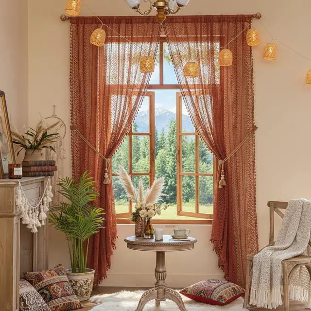 Alt view image 6 of 7 - Boho Lace Curtains 84 Inches 2 Panel,Light Filtering Privacy Tassel & Geometry Crochet Semi Sheer Curtain Drapes for Bedroom Living Dining Room,Rod Pocket & Tassel,Full Decor,Burnt Orange
