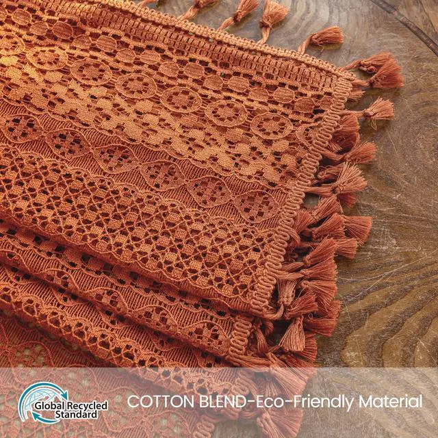 Alt view image 2 of 7 - Boho Lace Curtains 84 Inches 2 Panel,Light Filtering Privacy Tassel & Geometry Crochet Semi Sheer Curtain Drapes for Bedroom Living Dining Room,Rod Pocket & Tassel,Full Decor,Burnt Orange