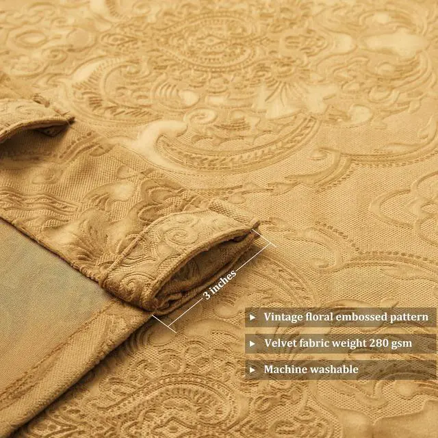 Alt view image 6 of 7 - Brown Gold Velvet Curtains 84 Inch for Living Room,2 Panels Luxury Vintage Drapes Floral Embossed Blackout Window Curtain Back Tab Thermal for Bedroom