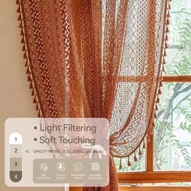 Alt view image 3 of 7 - Boho Lace Curtains 84 Inches 2 Panel,Light Filtering Privacy Tassel & Geometry Crochet Semi Sheer Curtain Drapes for Bedroom Living Dining Room,Rod Pocket & Tassel,Full Decor,Burnt Orange