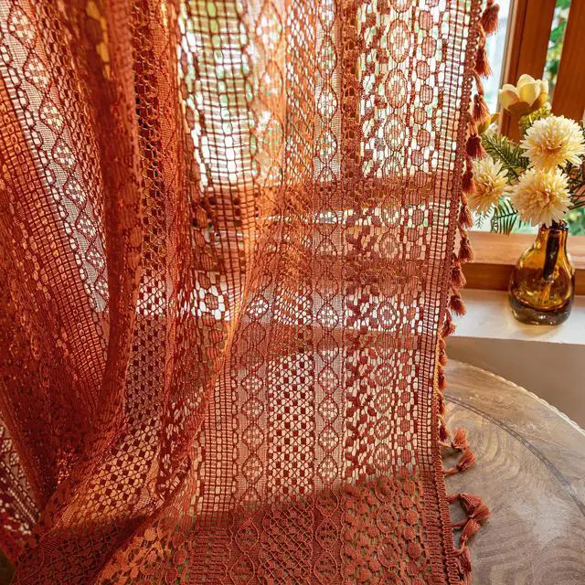 Main image of Boho Lace Curtains 84 Inches 2 Panel,Light Filtering Privacy Tassel & Geometry Crochet Semi Sheer Curtain Drapes for Bedroom Living Dining Room,Rod Pocket & Tassel,Full Decor,Burnt Orange