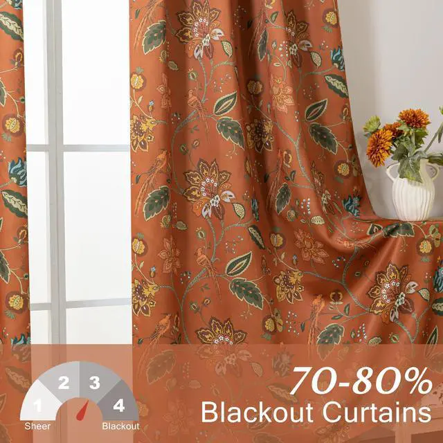 Alt view image 7 of 7 - Burnt Orange Boho Curtains Blackout 84 Inch Long, Terracotta Floral Patterned Bohemian Curtain, Retro Vintage Drapes for Living Room Bedroom 2 Panels