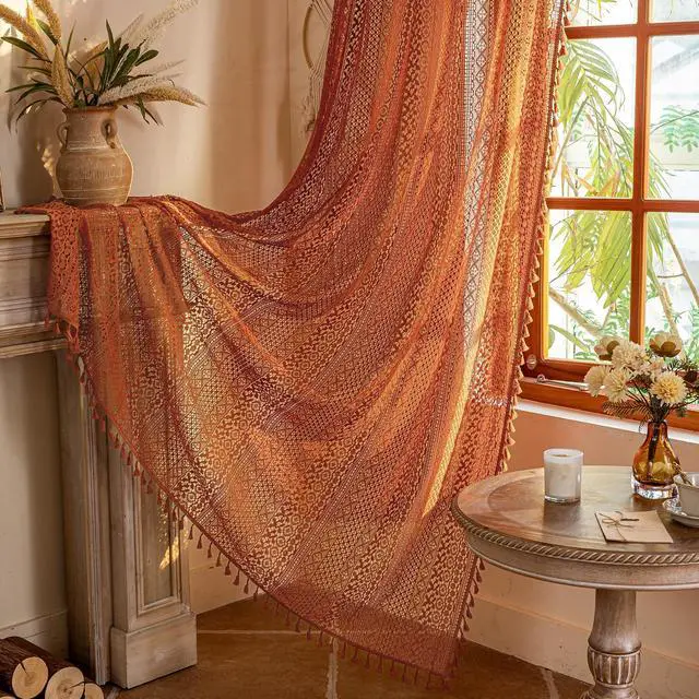 Alt view image 4 of 7 - Boho Lace Curtains 84 Inches 2 Panel,Light Filtering Privacy Tassel & Geometry Crochet Semi Sheer Curtain Drapes for Bedroom Living Dining Room,Rod Pocket & Tassel,Full Decor,Burnt Orange