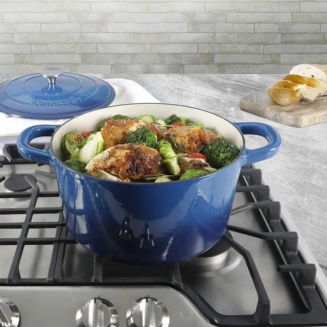 Alt view image 6 of 6 - Artisan 7-Quart Round Enameled Cast Iron Dutch Oven Sapphire Blue, Durable Heavy-Duty Cookware for Slow Cooking, Baking, Roasting with Lid