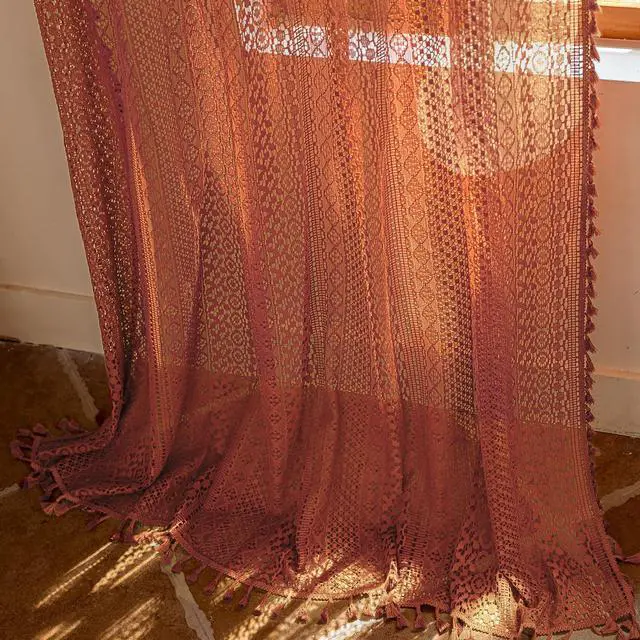 Alt view image 5 of 7 - Boho Lace Curtains 84 Inches 2 Panel,Light Filtering Privacy Tassel & Geometry Crochet Semi Sheer Curtain Drapes for Bedroom Living Dining Room,Rod Pocket & Tassel,Full Decor,Burnt Orange