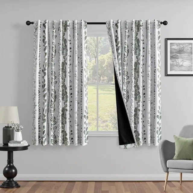 Main image of Sage Green Blackout Curtains 63 Inches Long 2 Panels Boho Curtains for Living Room Thermal Insulated Privacy Protection Rod Pocket Drapes for Bedroom, Leaf Print Window Treatment, 50" Wide