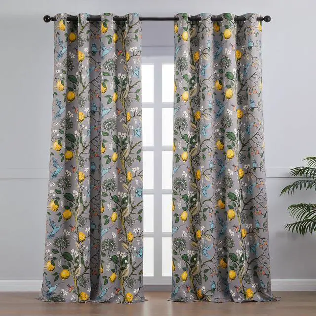 Alt view image 2 of 7 - Black Dark Floral Grey Blackout Curtains, Gray Decorative French Country Grommet Dark Academia Antique Decor Hummingbird Window Covering for Living Room Bedroom Dining,84 Inch Length