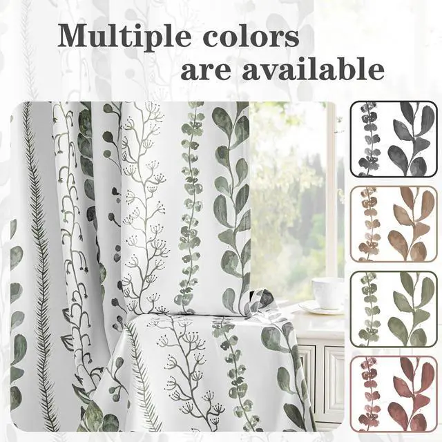 Alt view image 2 of 7 - Sage Green Blackout Curtains 63 Inches Long 2 Panels Boho Curtains for Living Room Thermal Insulated Privacy Protection Rod Pocket Drapes for Bedroom, Leaf Print Window Treatment, 50" Wide